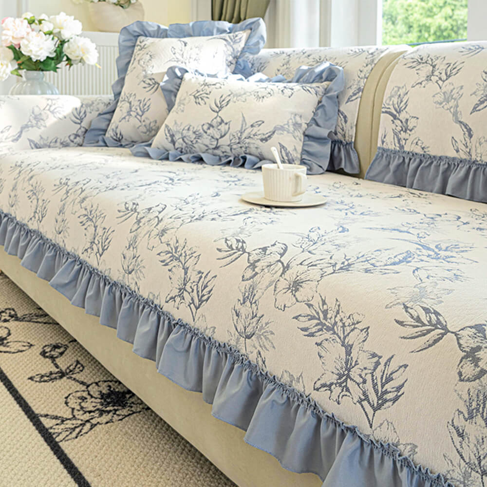 Chenille Floral Ruffle Design Anti-Slip Sofa Cover