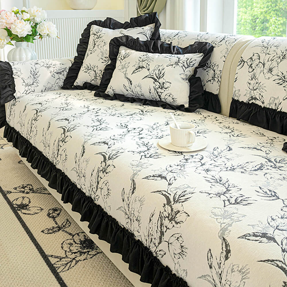 Chenille Floral Ruffle Design Anti-Slip Sofa Cover