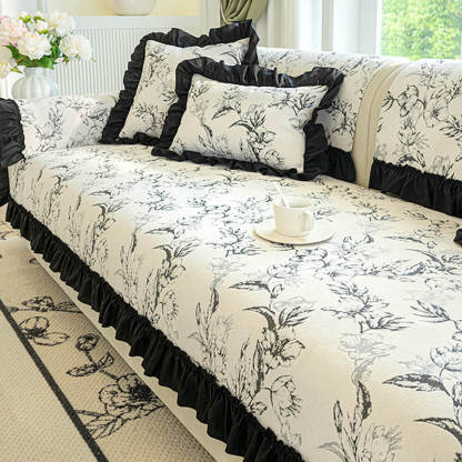 Chenille Floral Ruffle Design Anti-Slip Sofa Cover