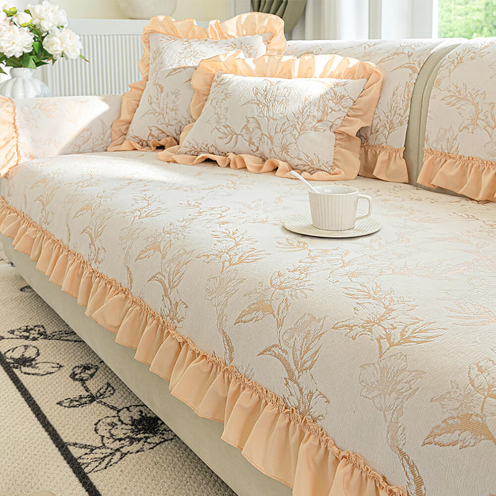Chenille Floral Ruffle Design Anti-Slip Sofa Cover