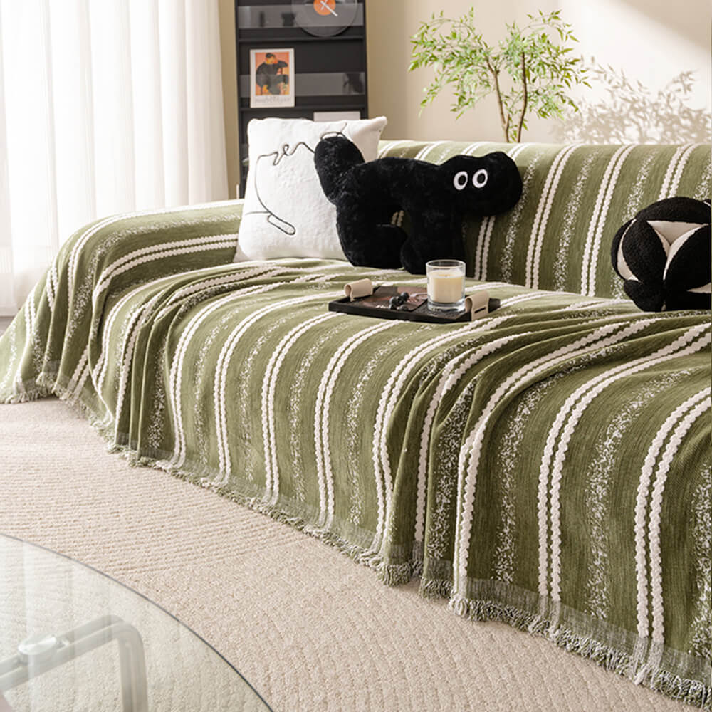 Decorative Stripe Tassel Chenille Throw Couch Cover