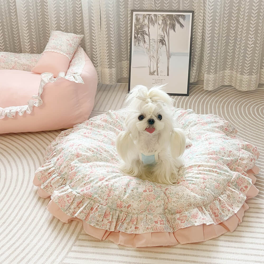 Floral Ruffled All-season Cosy Washable Round Dog Bed
