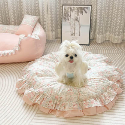 Floral Ruffled All-season Cosy Washable Round Dog Bed