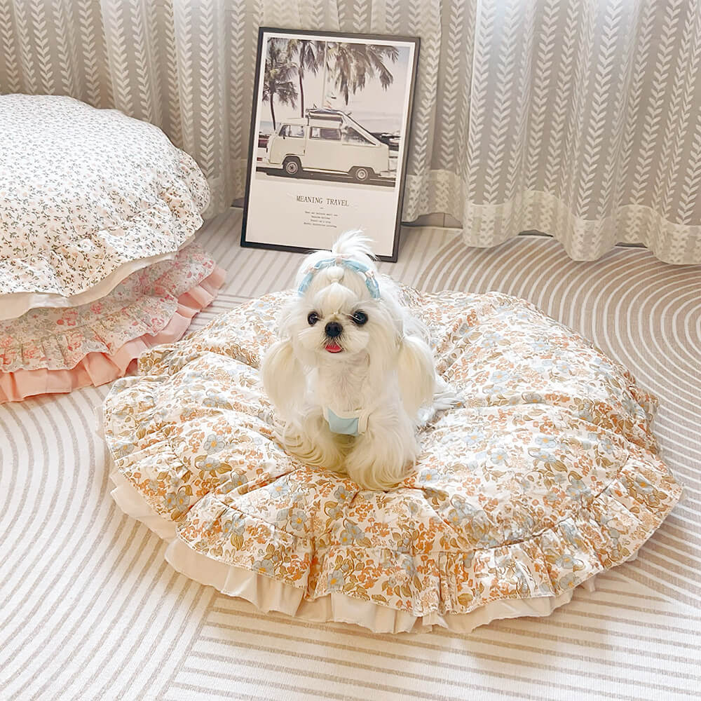 Floral Ruffled All-season Cosy Washable Round Dog Bed