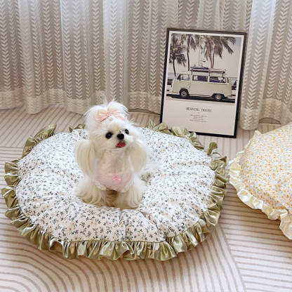 Floral Ruffled All-season Cosy Washable Round Dog Bed