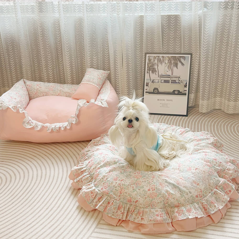 Floral Ruffled All-season Cosy Washable Round Dog Bed