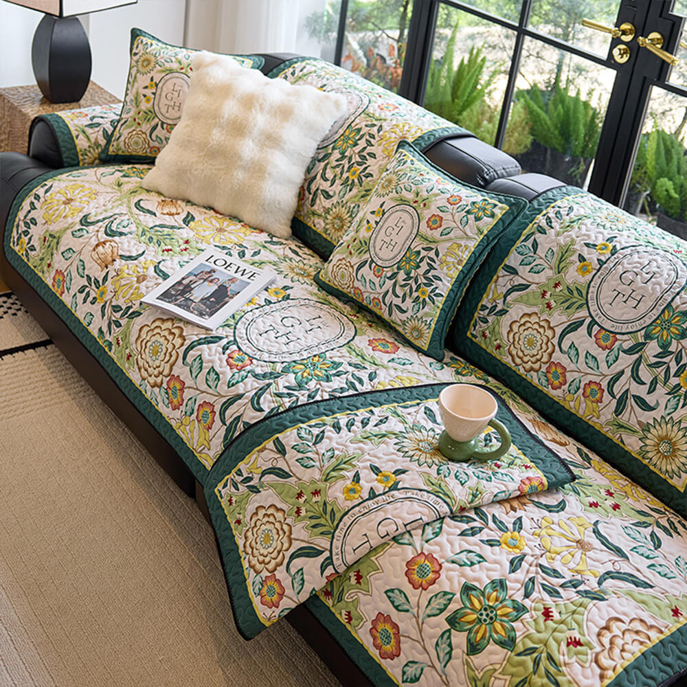 Vintage Botanical Quilted Non-Slip Sofa Cover – French Farmhouse Style