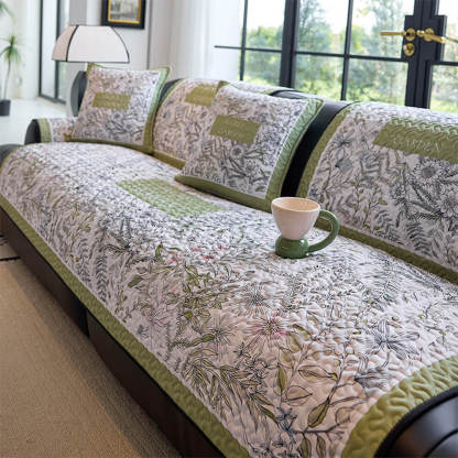 Vintage Botanical Quilted Non-Slip Sofa Cover – French Farmhouse Style