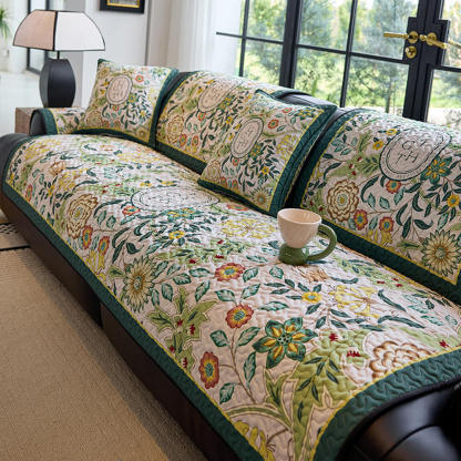 Vintage Botanical Quilted Non-Slip Sofa Cover – French Farmhouse Style