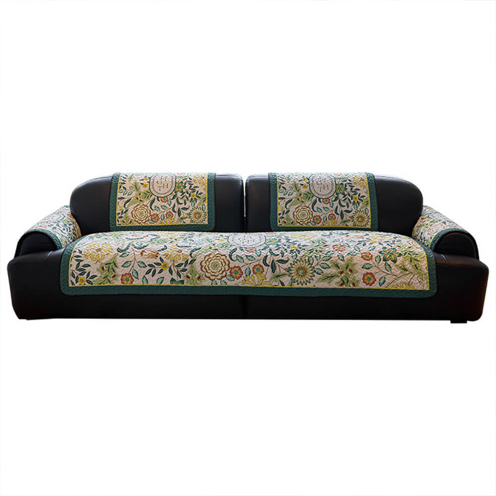 Vintage Botanical Quilted Non-Slip Sofa Cover – French Farmhouse Style