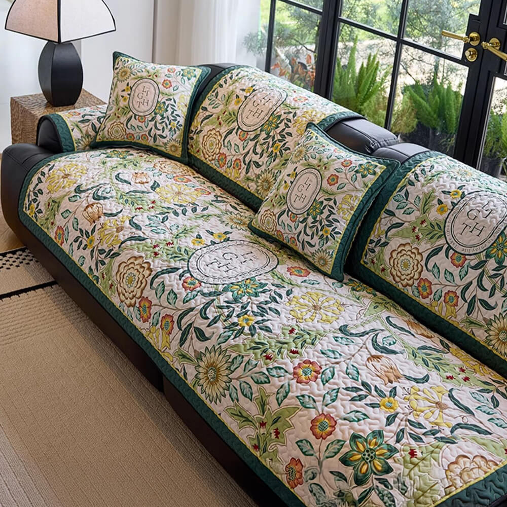Vintage Botanical Quilted Non-Slip Sofa Cover – French Farmhouse Style
