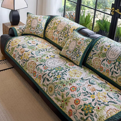 Vintage Botanical Quilted Non-Slip Sofa Cover – French Farmhouse Style