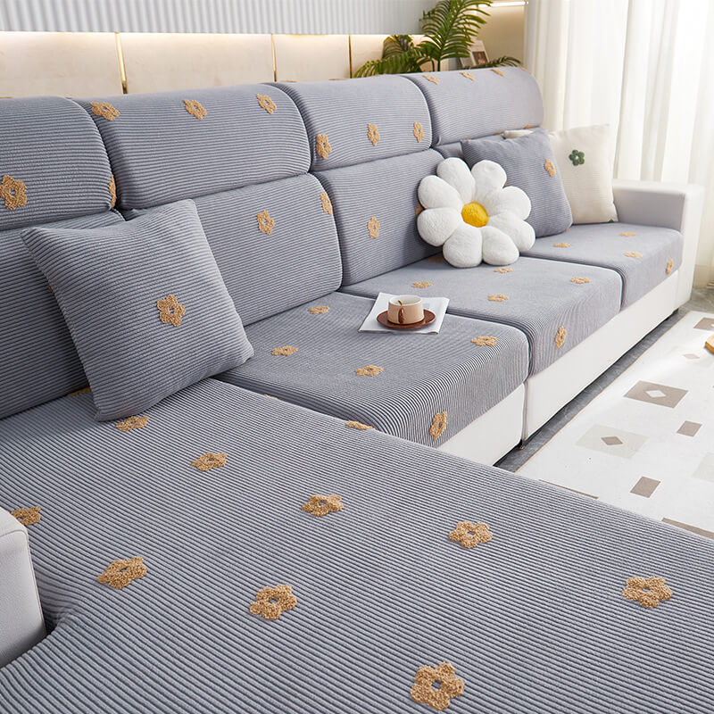 Floral Embroidered Fleece Sofa Anti-Scratch Stretch Sofa Cover