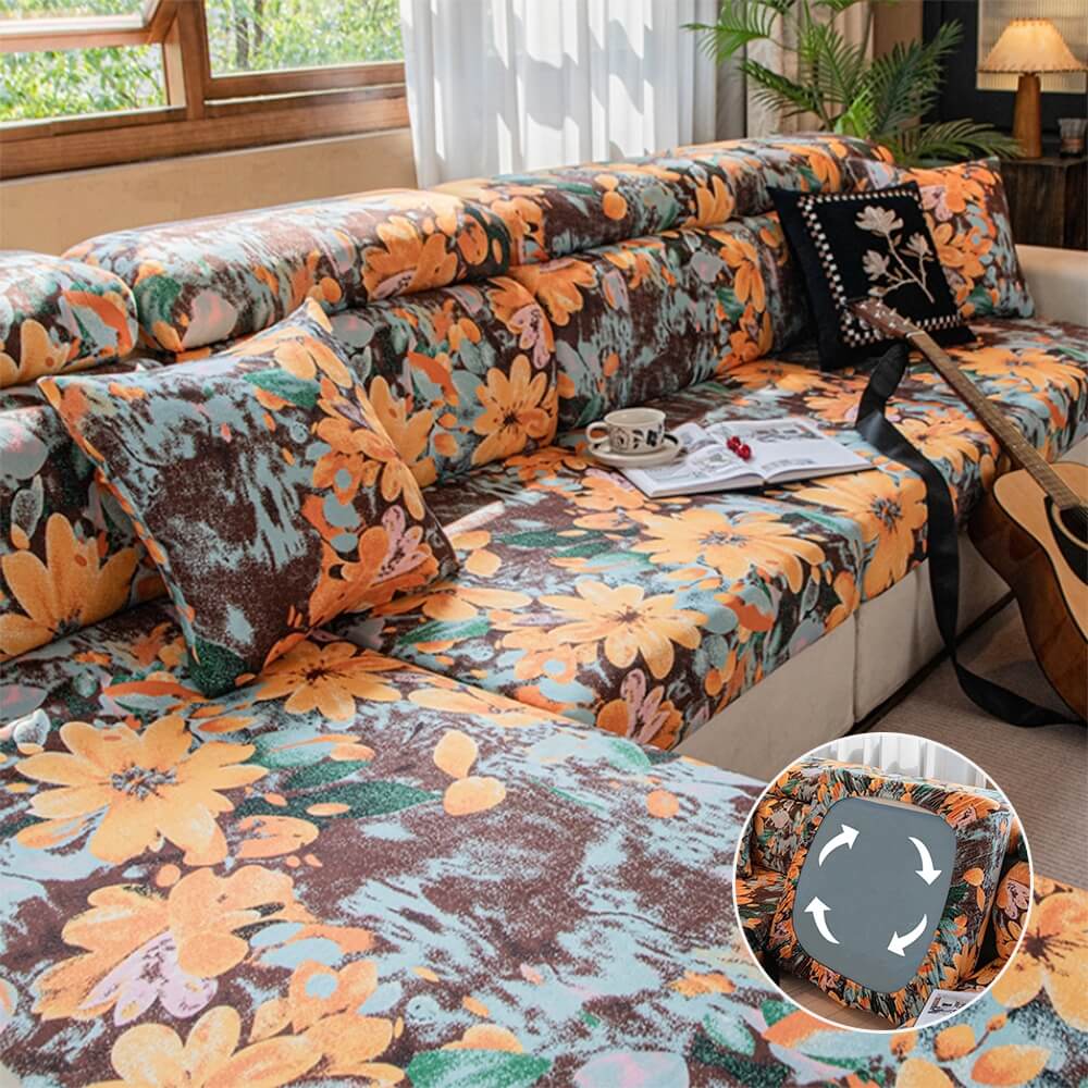 Floral Soft Polar Fleece Full Wrap Stretch Magic Sofa Cover