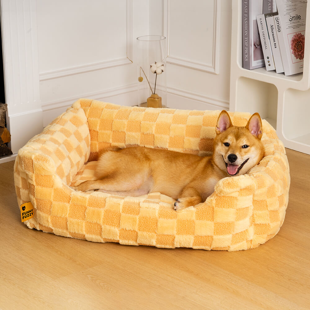 Fluffy Tufted Comfy Square Chequered Dog & Cat Bed