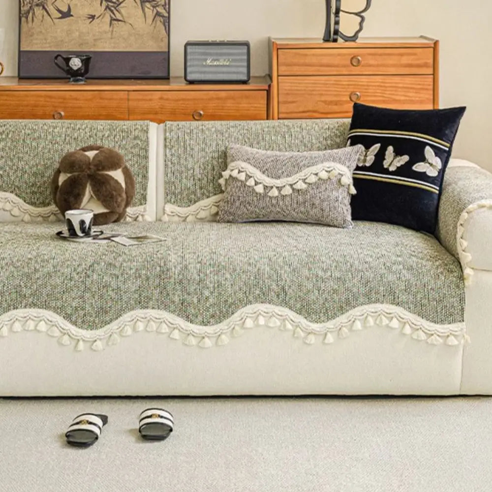 Chic Chenille Bouclé Non-Slip Sofa Cover with Wavy Tassel Trim