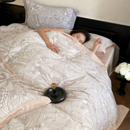 Abstract Botanical Silky Sateen Duvet Cover Bed Sheet Set