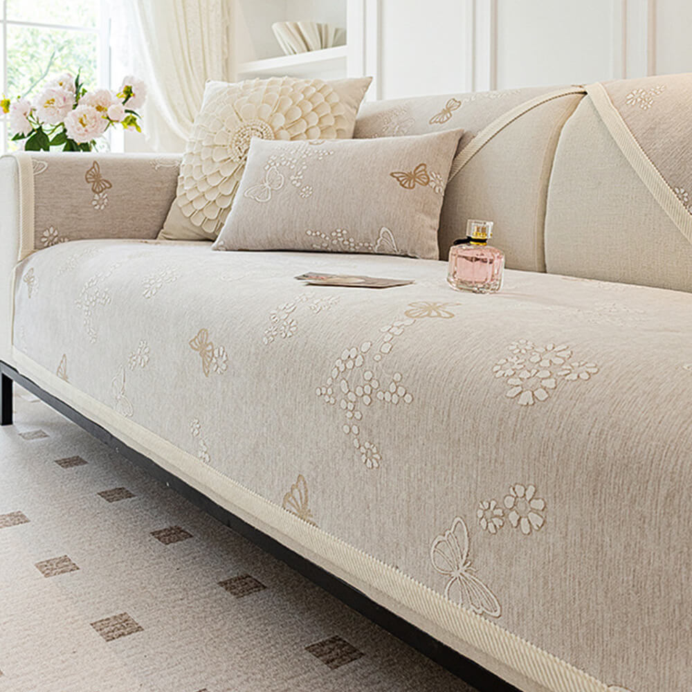 Chenille Anti-Slip Butterfly Pattern Morandi Colour Sofa Cover