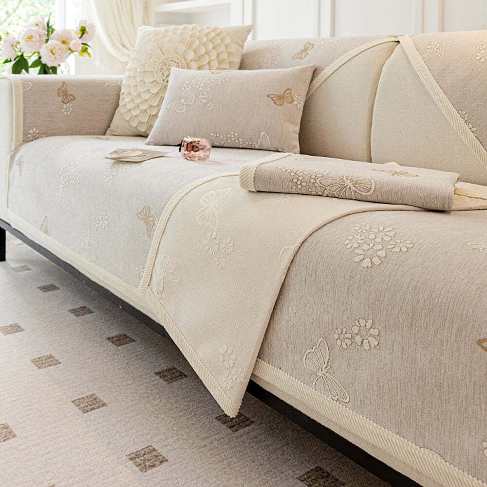 Chenille Anti-Slip Butterfly Pattern Morandi Colour Sofa Cover