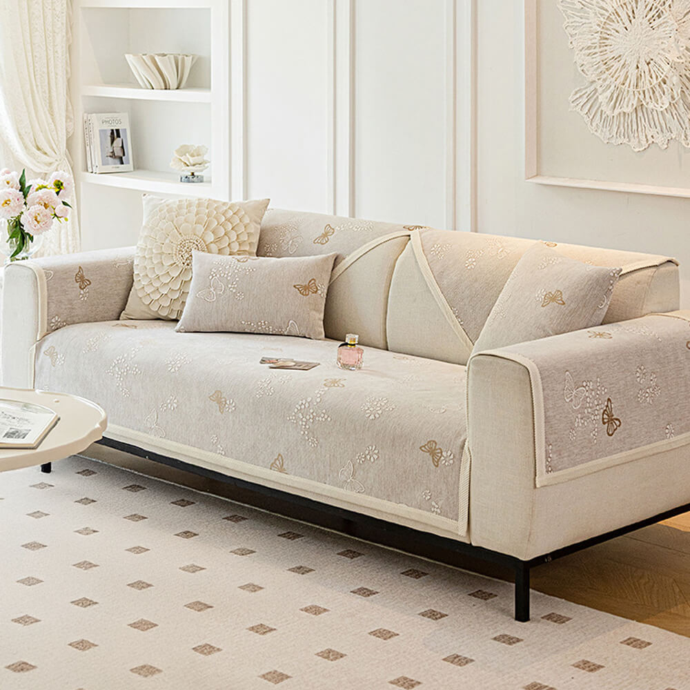 Chenille Anti-Slip Butterfly Pattern Morandi Colour Sofa Cover