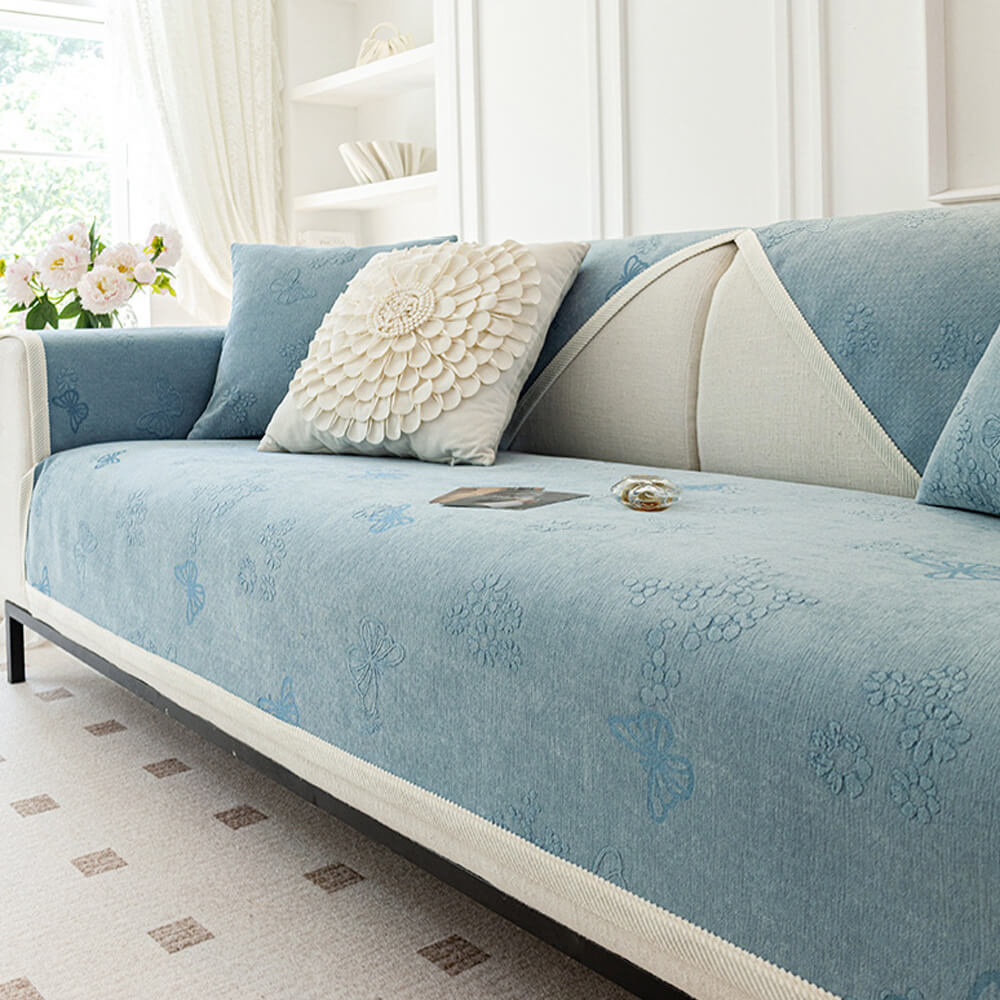 Chenille Anti-Slip Butterfly Pattern Morandi Colour Sofa Cover