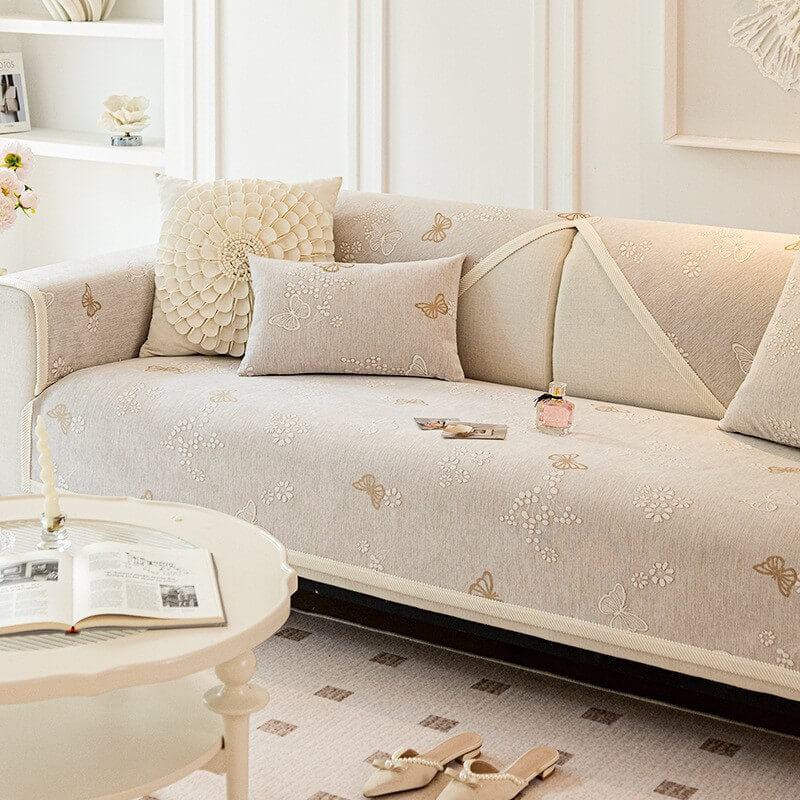 Chenille Anti-Slip Butterfly Pattern Morandi Colour Sofa Cover