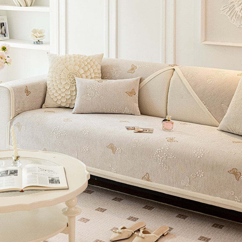 Chenille Anti-Slip Butterfly Pattern Morandi Colour Sofa Cover