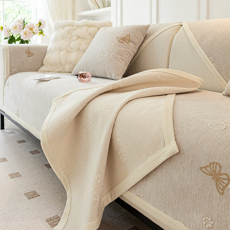 Chenille Anti-Slip Butterfly Pattern Morandi Colour Sofa Cover