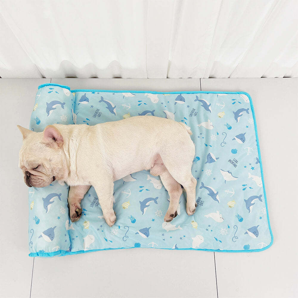 Ocean Series Ice Silk Breathable Cooling Dog Mat with Pillow