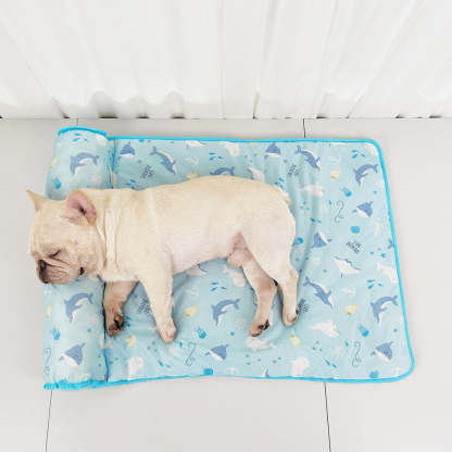 Ocean Series Ice Silk Breathable Cooling Dog Mat with Pillow
