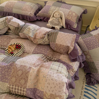 Romantic Colour-block Double Cotton Lace Bed Sheet Set