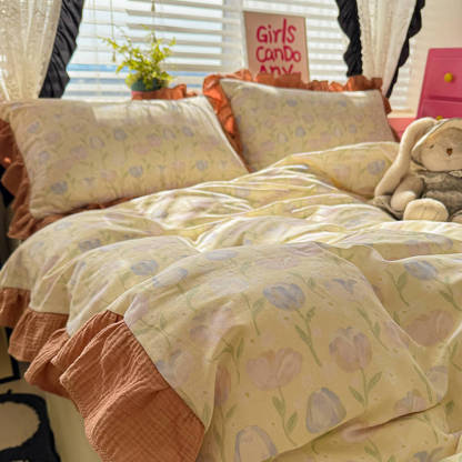 Romantic Colour-block Double Cotton Lace Bed Sheet Set