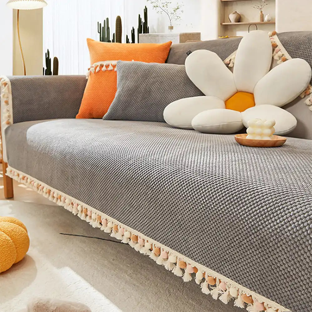 Boho Corduroy Durable Furniture Protector Sofa Cover with Tassels