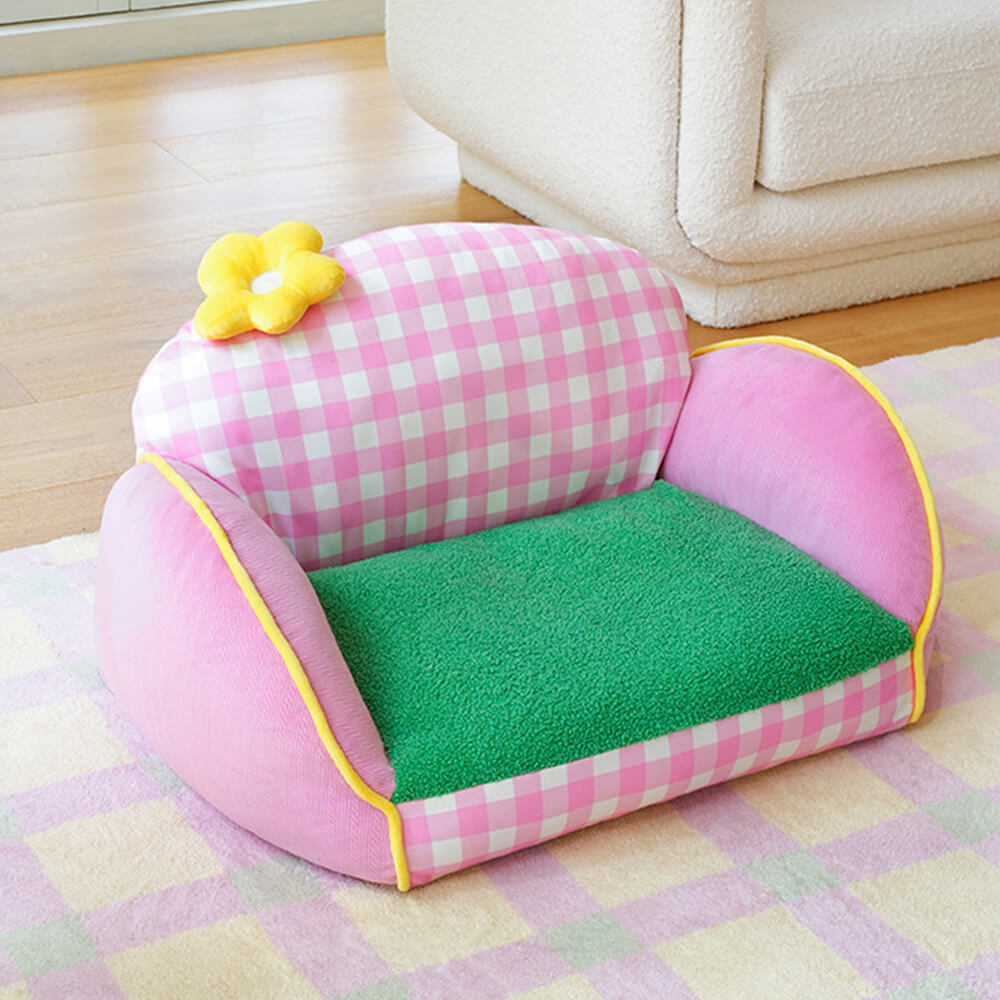 Charming Pink Chequered Washable Dog & Cat Sofa Bed