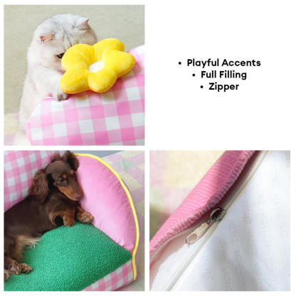 Charming Pink Chequered Washable Dog & Cat Sofa Bed