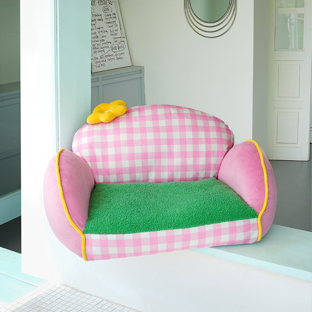 Charming Pink Chequered Washable Dog & Cat Sofa Bed