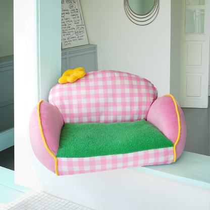 Charming Pink Chequered Washable Dog & Cat Sofa Bed