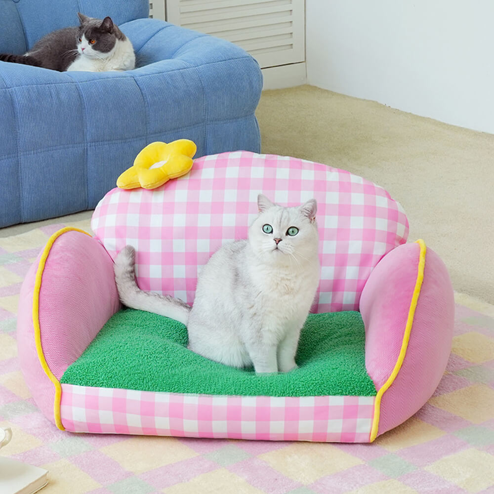 Charming Pink Chequered Washable Dog & Cat Sofa Bed