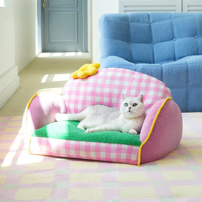 Charming Pink Chequered Washable Dog & Cat Sofa Bed