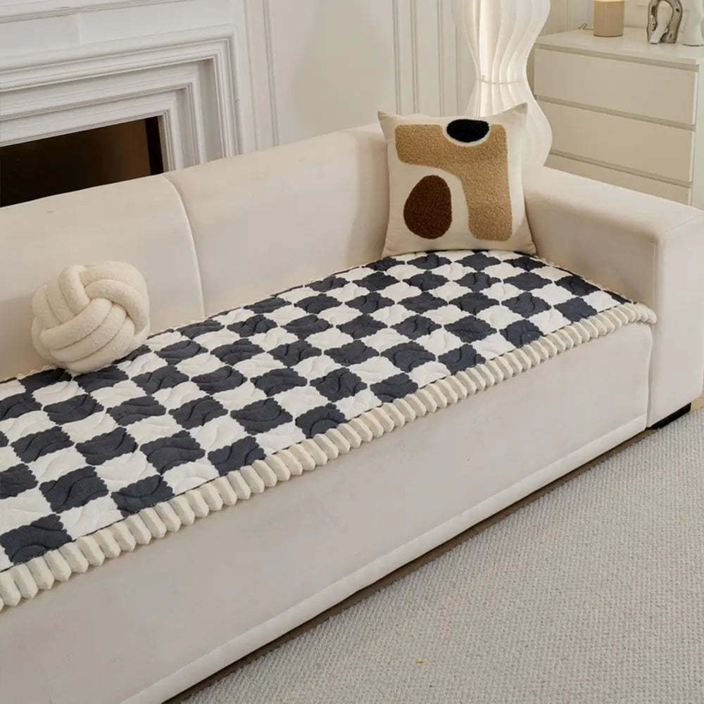Chequered Velvet Sofa Pad Anti-Slip Quilted Sofa Cover