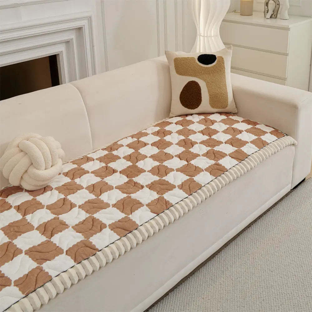 Chequered Velvet Sofa Pad Anti-Slip Quilted Sofa Cover