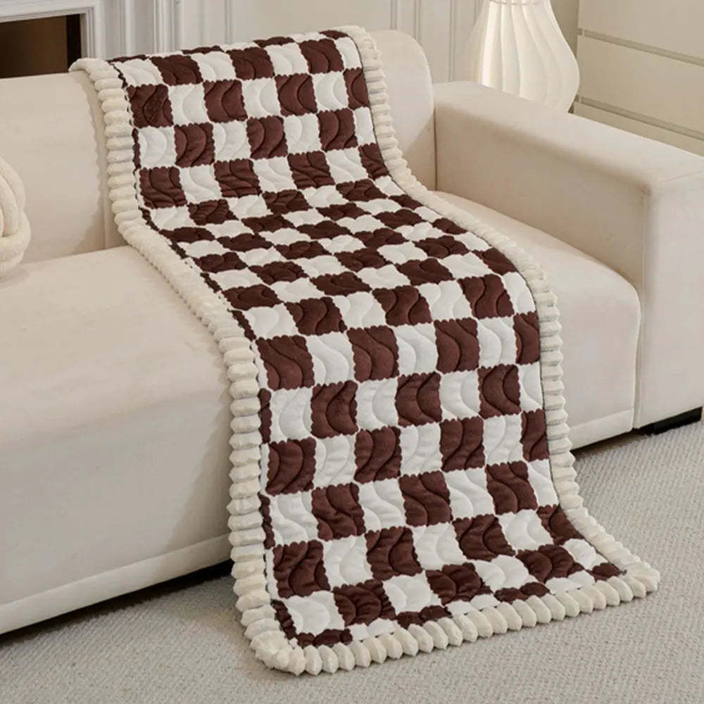 Chequered Velvet Sofa Pad Anti-Slip Quilted Sofa Cover