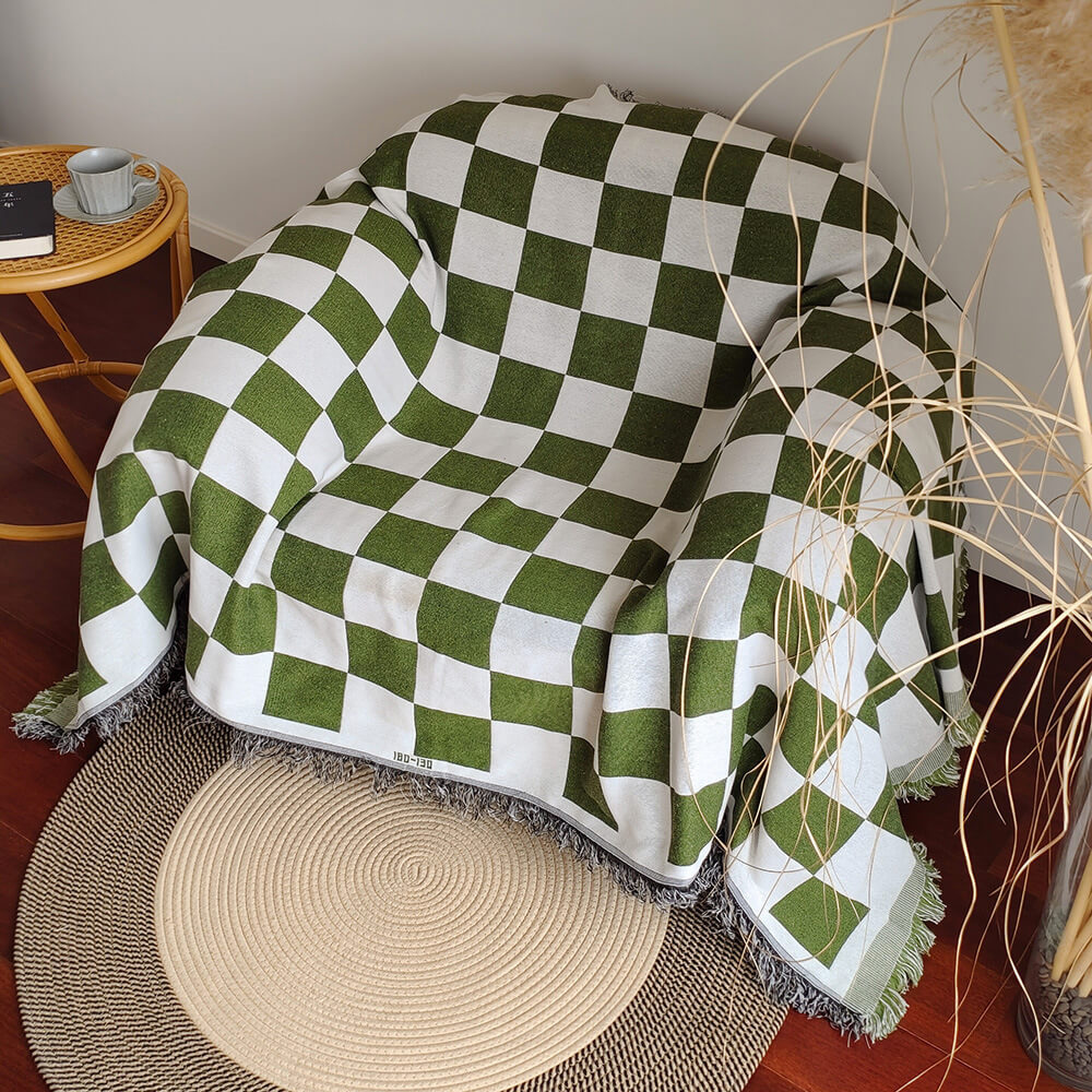 Colour Block Chequerboard Fringe Trim Sofa Blanket Sofa Cover