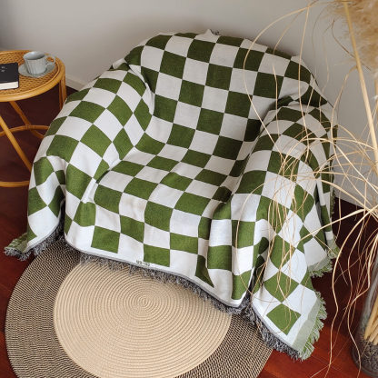Colour Block Chequerboard Fringe Trim Sofa Blanket Sofa Cover