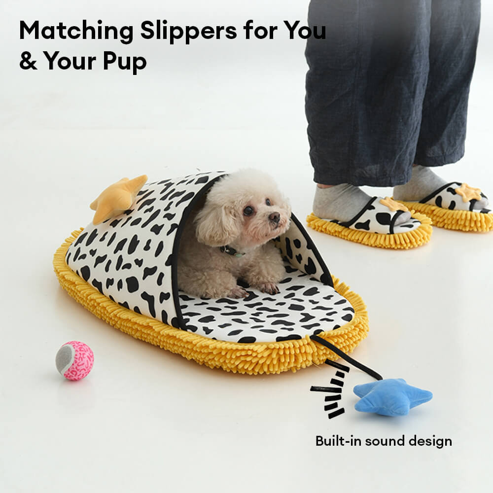 Cow-Print Plush Pet Bed & Matching Slippers Set