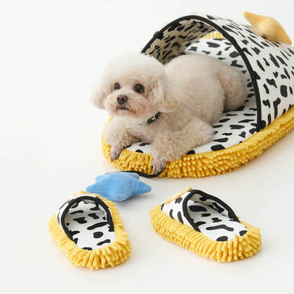 Cow-Print Plush Pet Bed & Matching Slippers Set