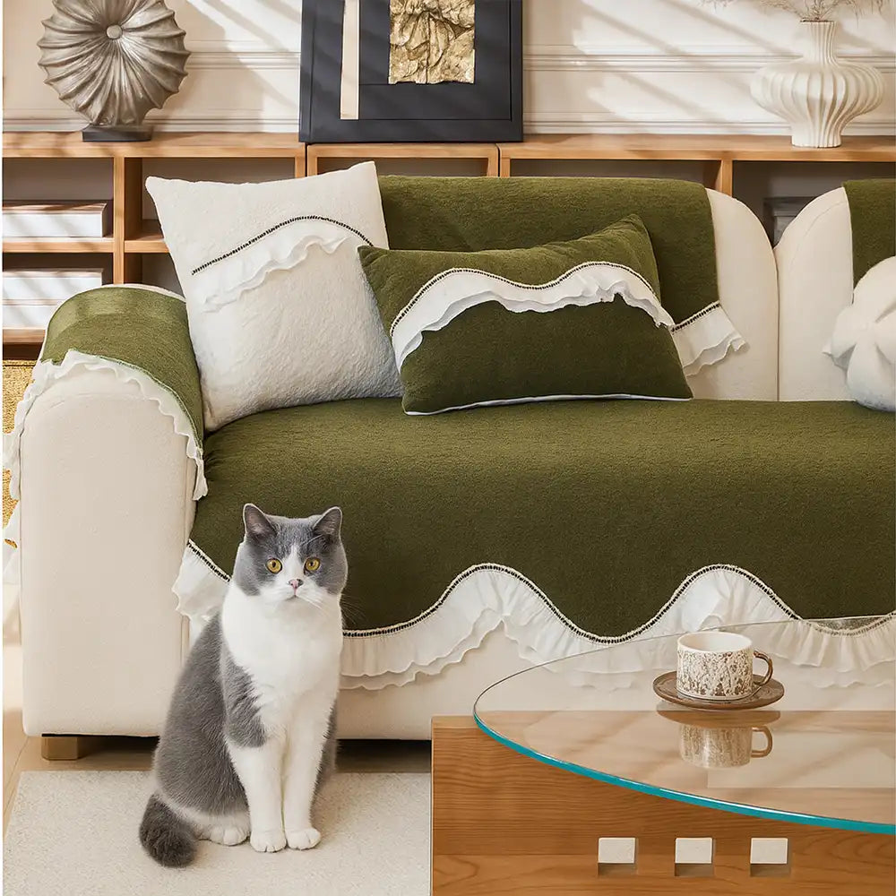 Elegant Soft Chenille Non-Slip Sofa Cover with Ruffled Skirt