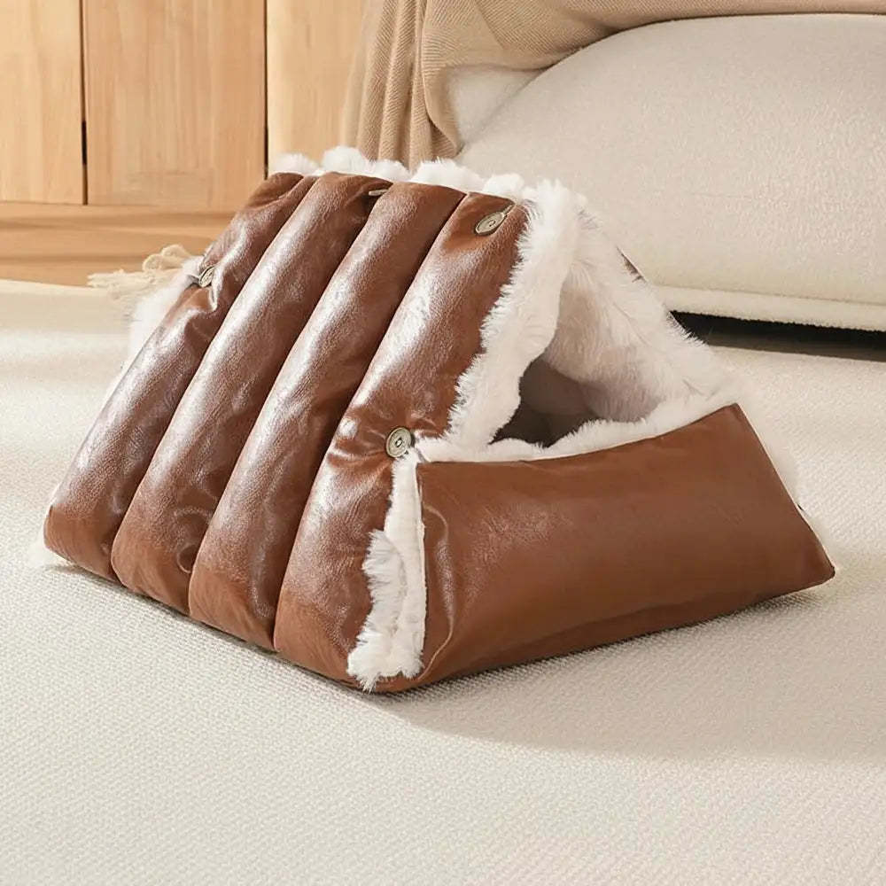 Faux Leather Vintage Multi-function Plush Dog Bed Convertible Dog Car Seat