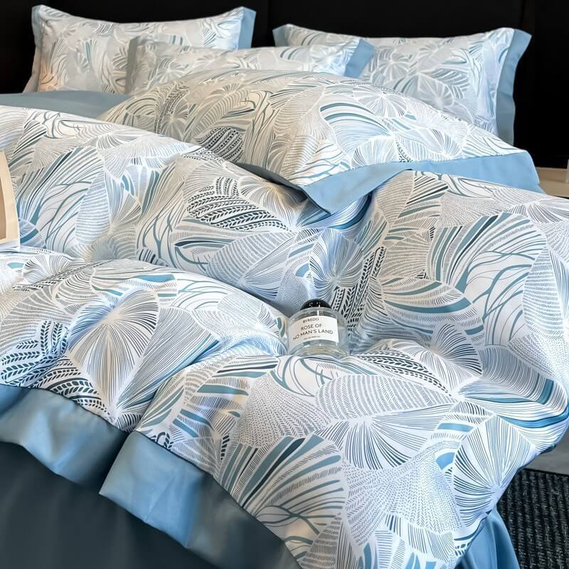 Light-Luxe Botanical Print Cooling Silky Duvet Cover Bed Sheet Set