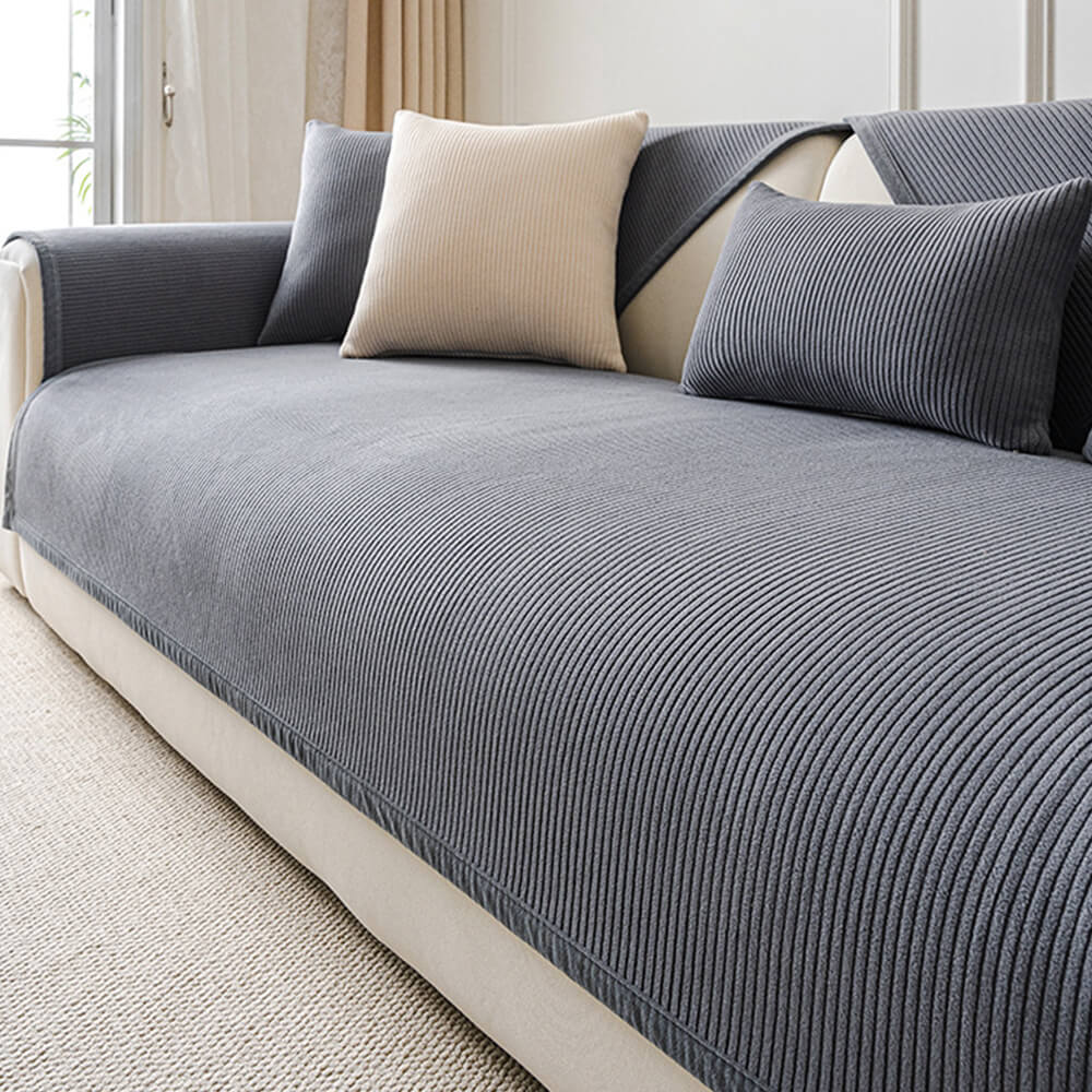 Modern Cream Vertical Stripes Fleece Sofa Cover for All Seasons